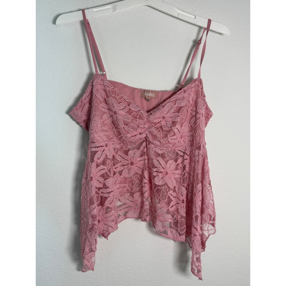 Faded Rose Pink Floral Lace Handkerchief Hem Camisole Top Large NWT